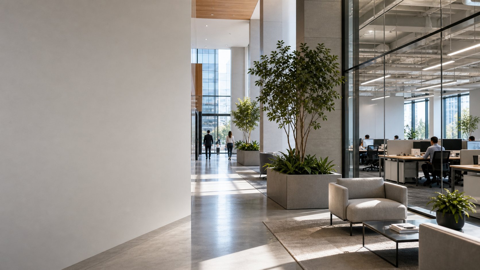 Modern office lobby and workspace with natural light and plants
