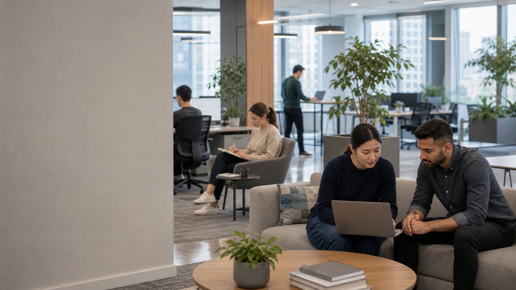 Colleagues working together with a laptop in a modern office lounge
