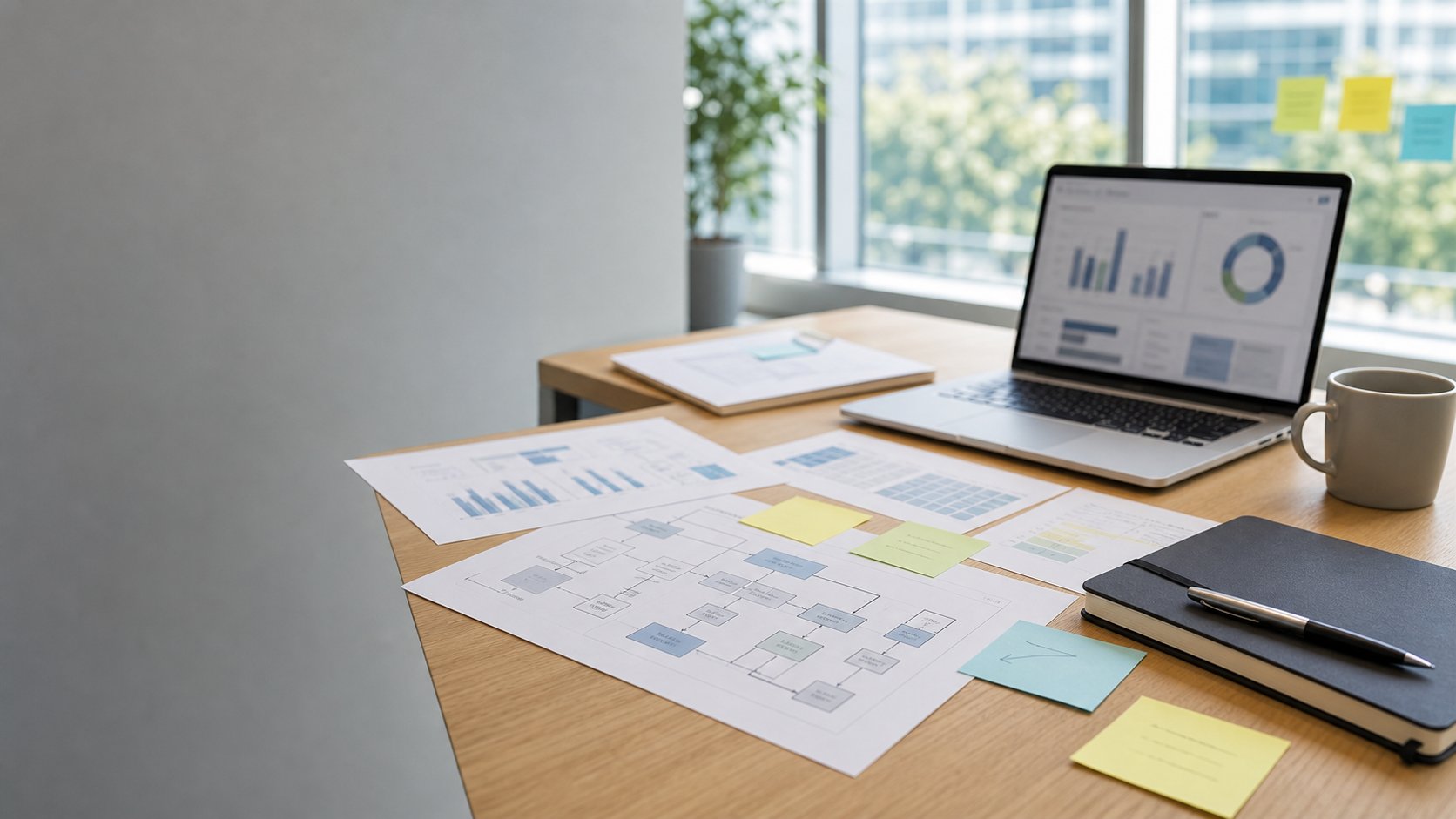 Project planning documents and analytics reports arranged on a bright office table