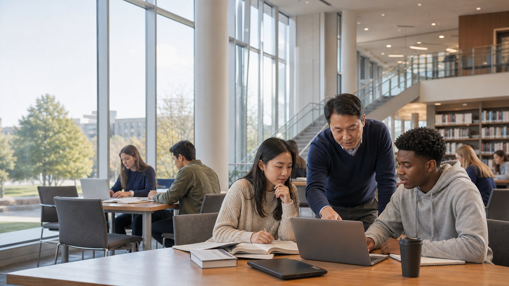 Students and faculty using digital learning tools in a bright education space