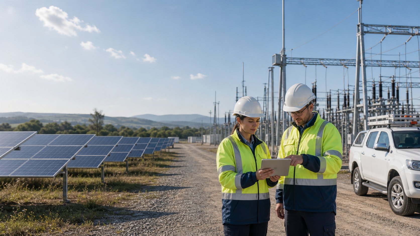 Energy technicians reviewing utility infrastructure in a daylight field environment