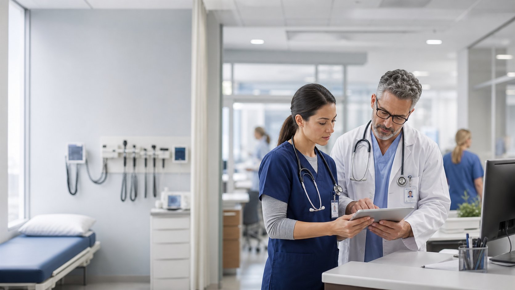 Healthcare professionals reviewing care information in a bright clinical workspace