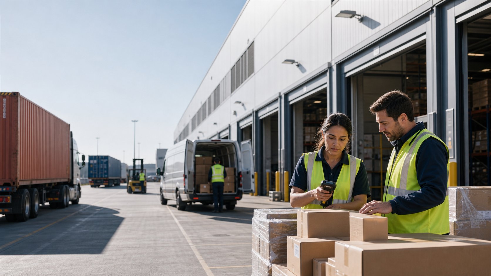 Logistics team coordinating shipments in a clean warehouse environment