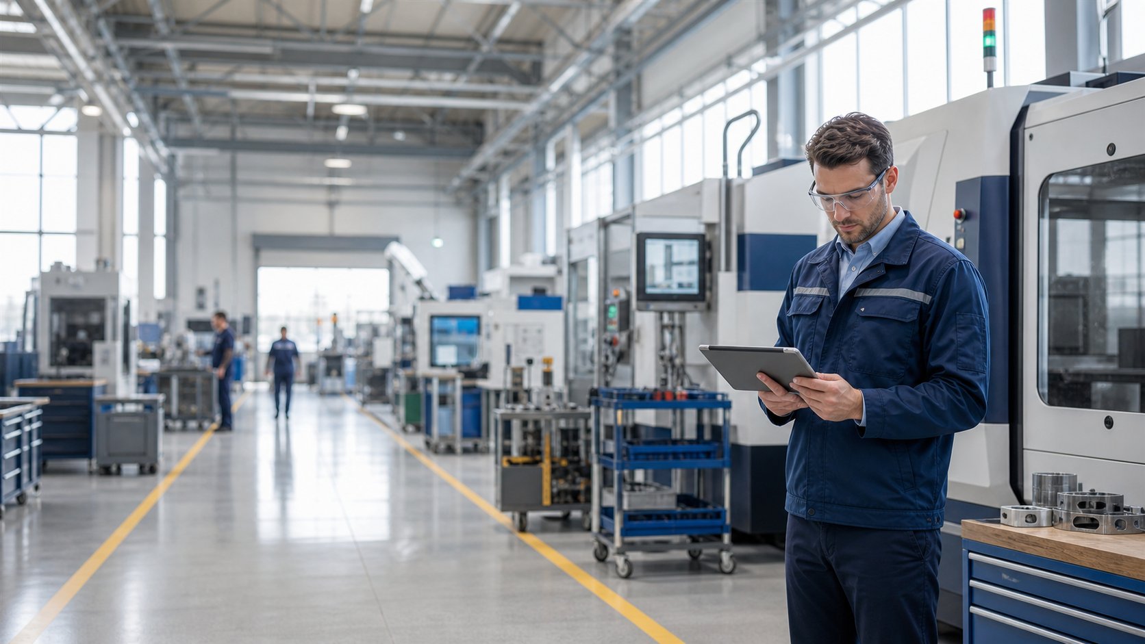 Technician reviewing operations on a modern manufacturing floor