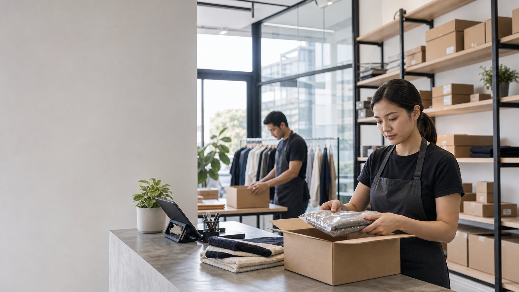 Retail operations team preparing customer orders in a modern commerce workspace