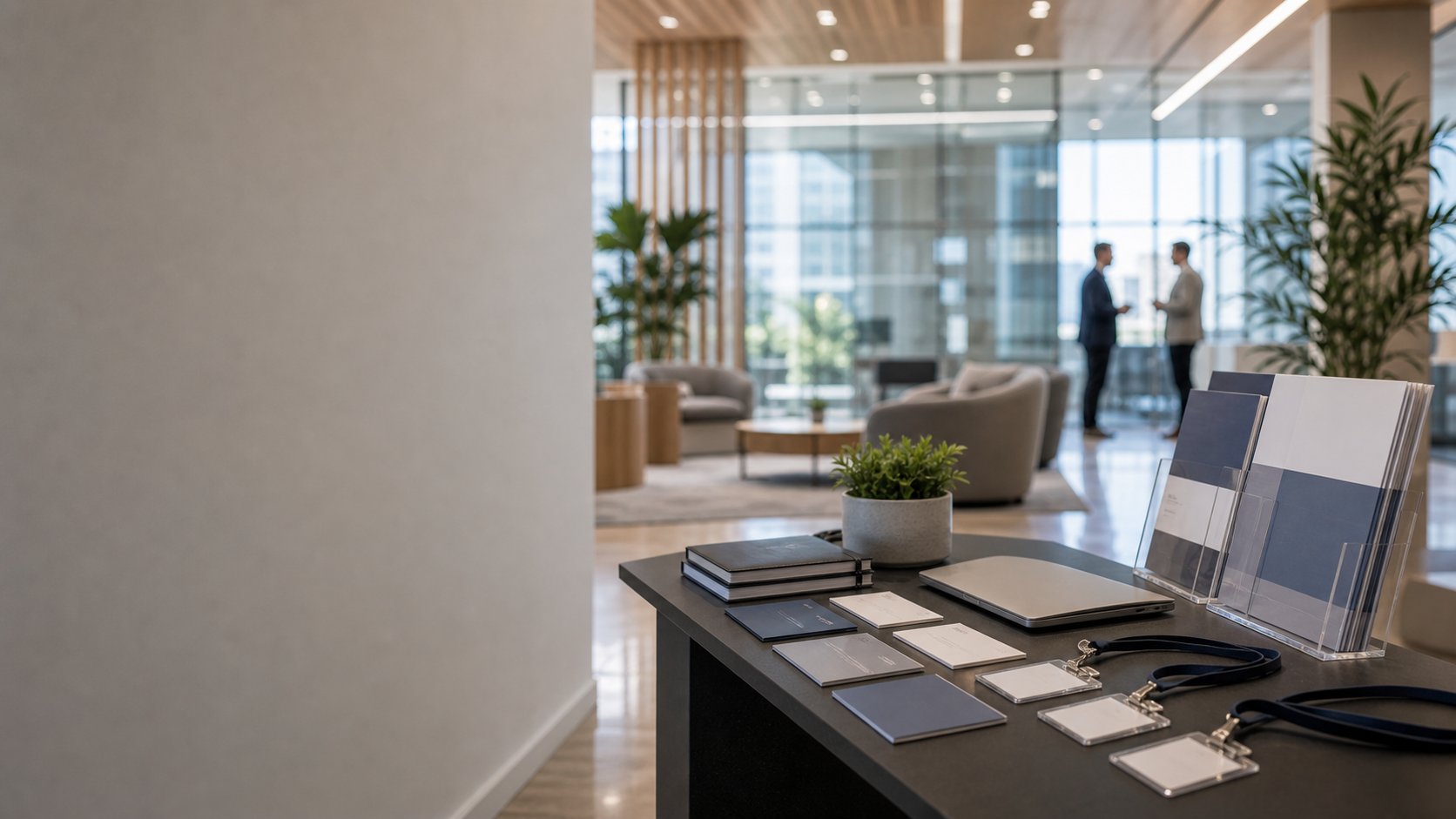 Professional partner materials and access badges in a bright office lobby