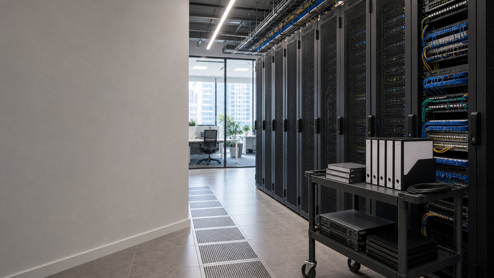 Cloud infrastructure engineers reviewing platform diagrams near organized network equipment