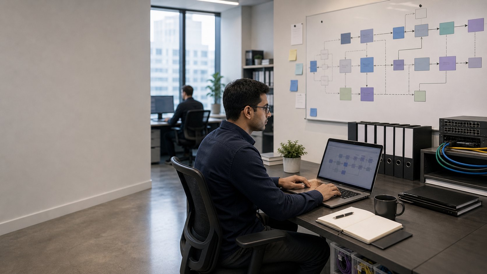 Data engineers reviewing pipeline architecture and integration notes in a modern workspace