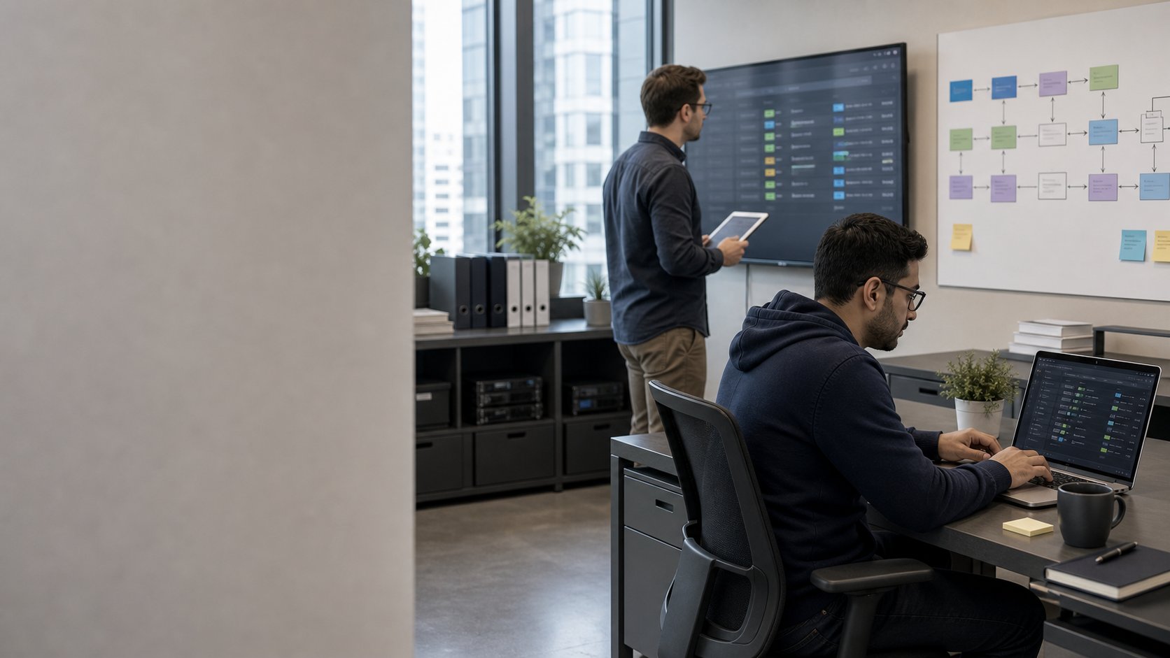 DevOps engineers reviewing deployment automation and infrastructure diagrams in a bright workspace