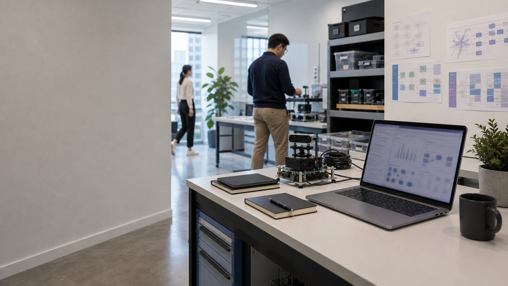 AI product team reviewing model evaluation work in a bright professional workspace