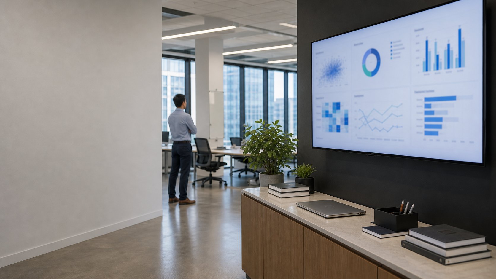 Analytics team reviewing business charts and data quality notes in a modern office