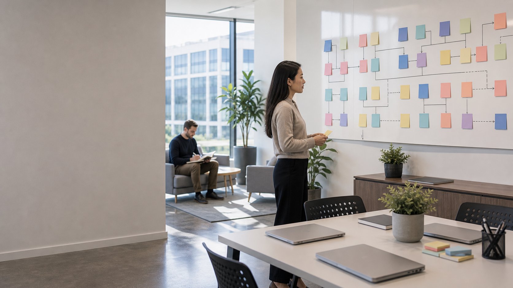 Business and technology team mapping workflow changes in a collaborative office